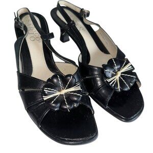 Franco Sarto Women’s Black Leather Floral Kitten Heels Size 7 Slingback